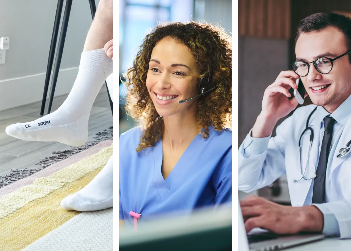 Left panel shows feet with white socks labeled 'Feetwings', middle panel features a smiling woman in blue scrubs wearing a headset, right panel shows a male doctor with glasses and stethoscope talking on a phone.