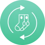 Icon of socks with two circular arrows forming a circle around them, indicating laundry or sock rotation.