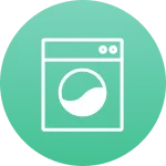 White washing machine icon on a green circular background representing machine washable.