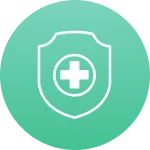 White medical shield icon with a cross inside on a green circular background.