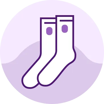 Icon of a pair of white socks with purple details on a circular purple and lavender background.