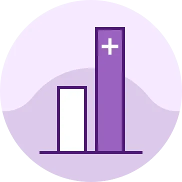 Two vertical bars represent a bar chart with the taller purple bar showing a plus symbol inside.
