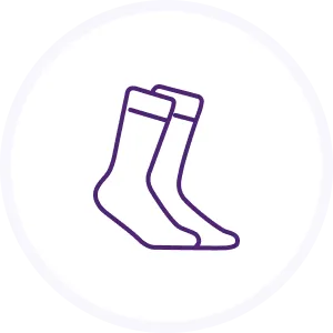 Icon of a pair of socks outlined in purple inside a white circular background.