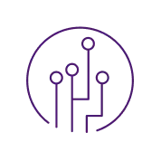 Purple circuit board lines and nodes inside a circle representing technology or electronics.