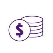 Icon of a dollar sign coin in front of a stack of coins representing cost or money.
