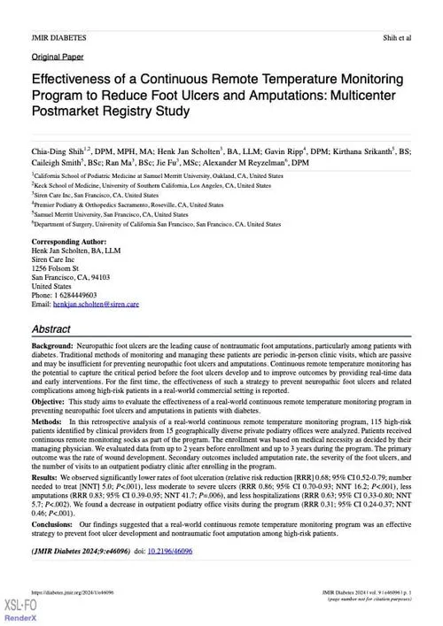 Research paper titled 'Effectiveness of a Continuous Remote Temperature Monitoring Program to Reduce Foot Ulcers and Amputations: Multicenter Postmarket Registry Study' with author names, affiliations, and abstract summarizing the study background, objective, methods, results, and conclusions.