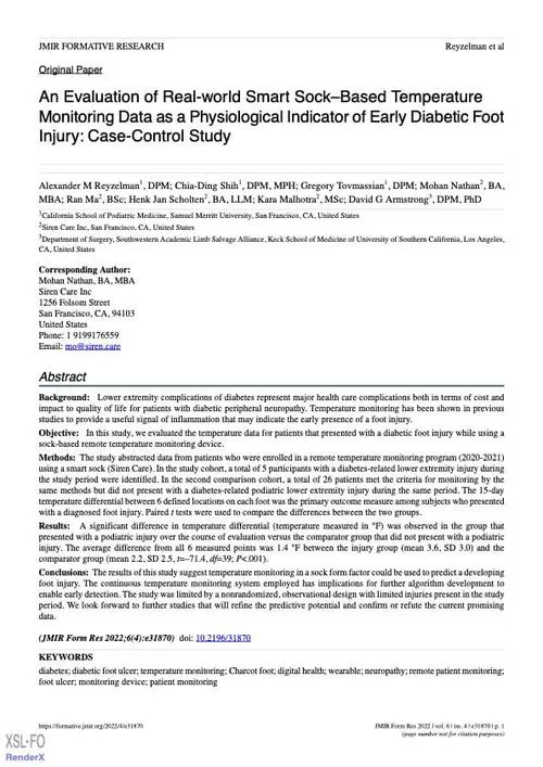 First page of a research paper titled 'An Evaluation of Real-world Smart Sock–Based Temperature Monitoring Data as a Physiological Indicator of Early Diabetic Foot Injury,' including authors, abstract, and keywords.