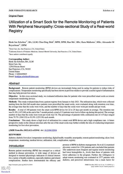 First page of a research article titled 'Utilization of a Smart Sock for the Remote Monitoring of Patients With Peripheral Neuropathy: Cross-sectional Study of a Real-world Registry' including author names, abstract, keywords, and introduction text.